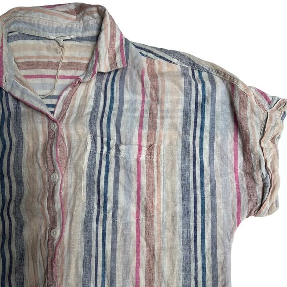 Beach Lunch Lounge Striped Tie Front Linen Button Down Blouse Sz Small - Picture 4 of 9